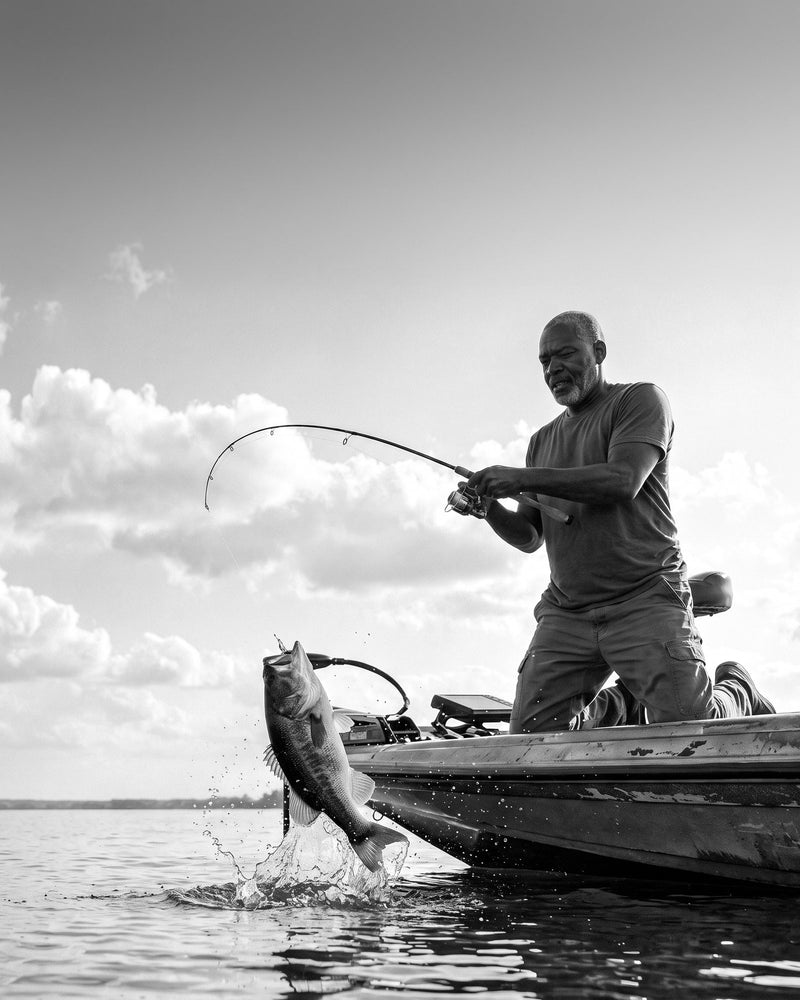 Black-and-white photo of an angler on the front deck of a bass boat setting the hook as a bass jumps beside the boat