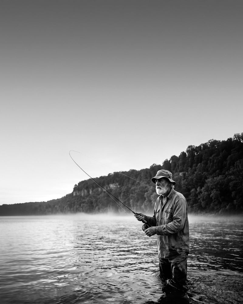 Black-and-white photo of an older angler wading a misty river at dawn, casting toward a wooded bluff