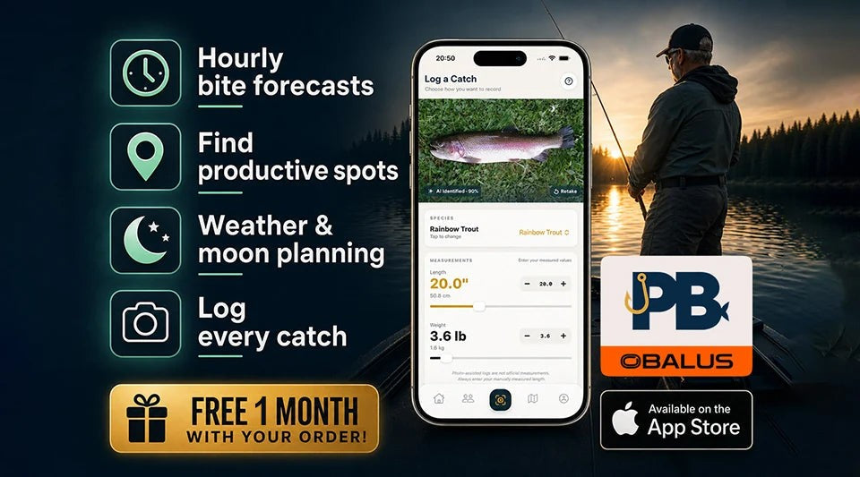 Obalus × PB Fishing: hourly bite forecasts, productive spots, weather and moon planning, catch logging