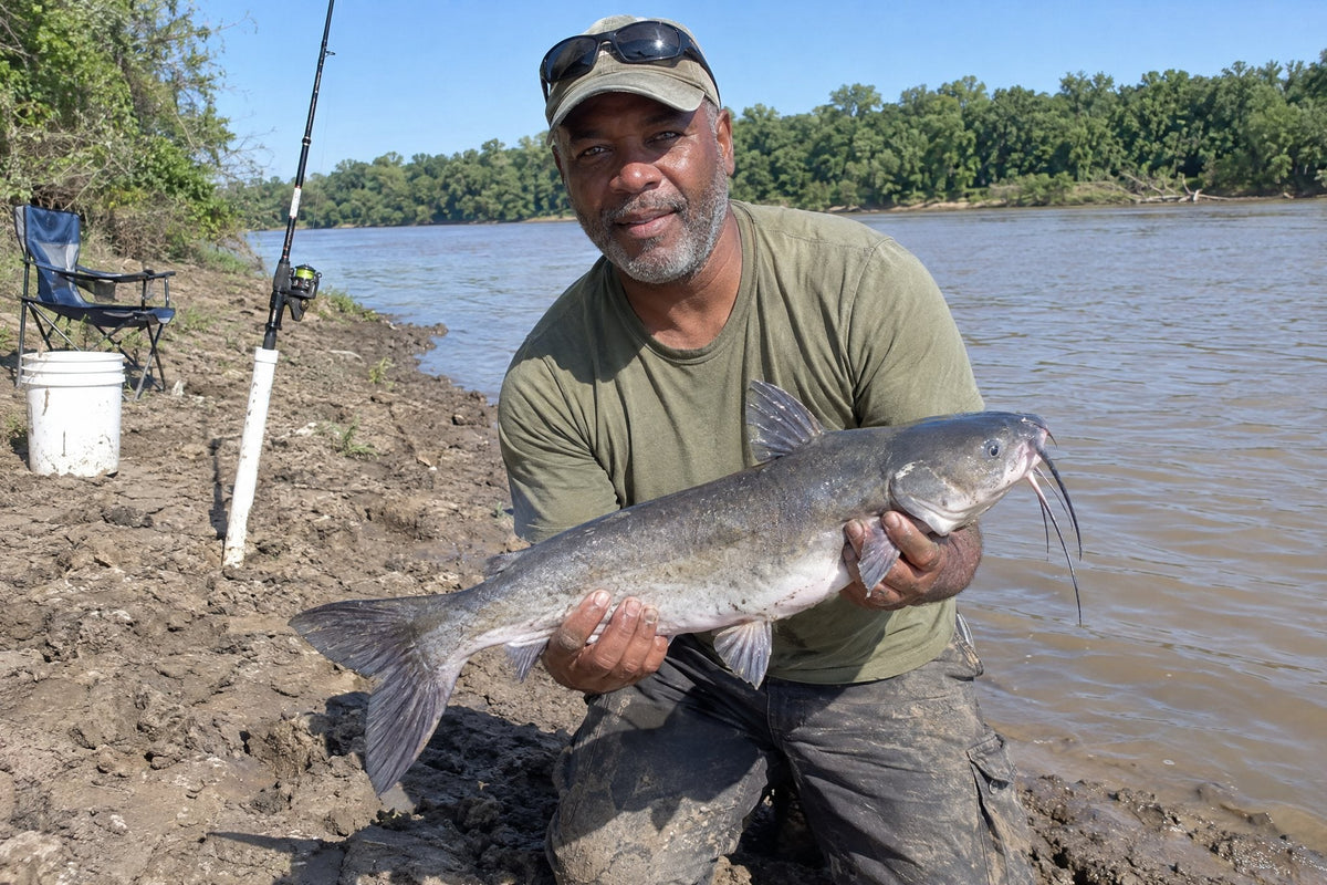 Angler kneeling on a sunny riverbank holding a channel catfish