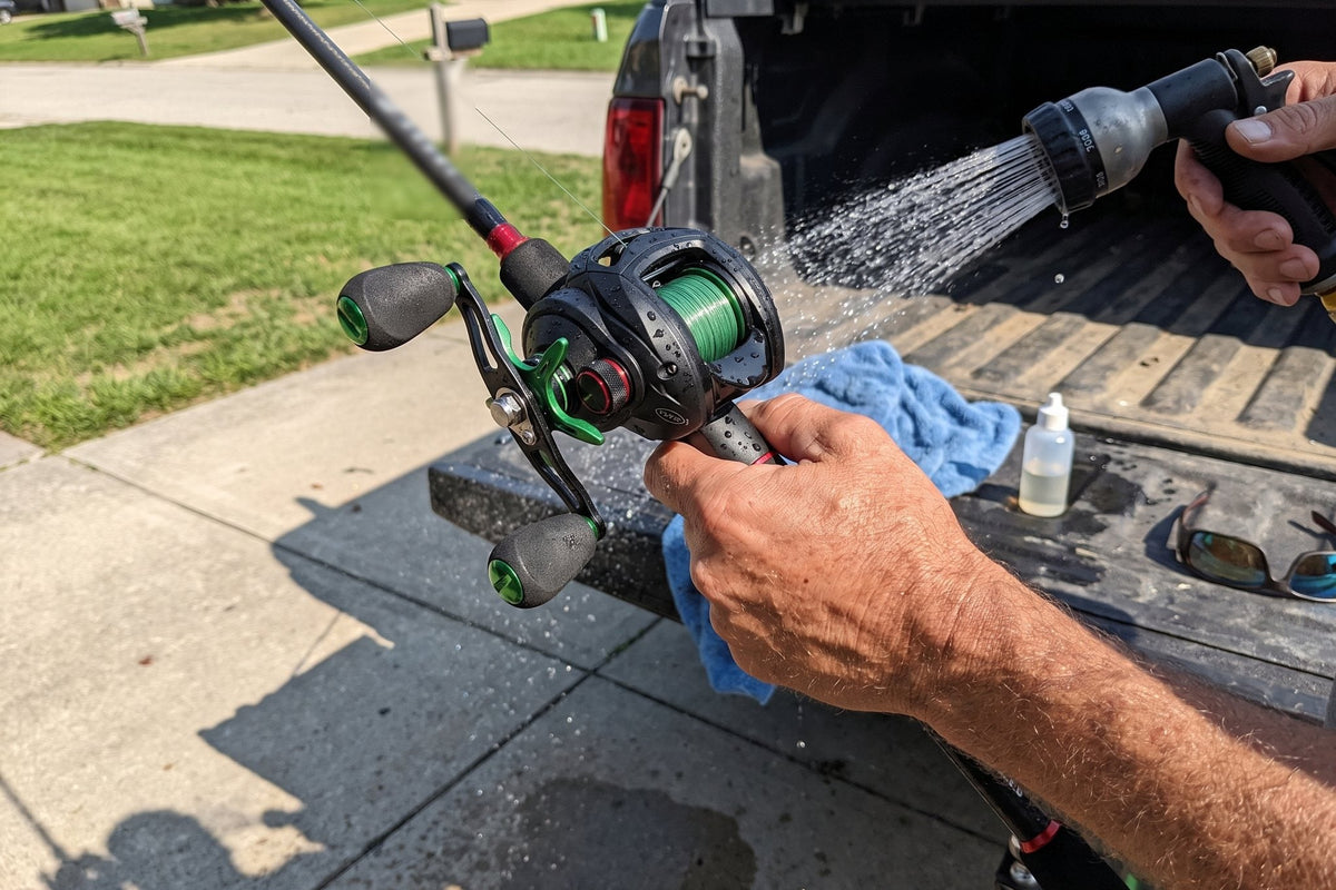 Rinsing a baitcasting reel with a gentle hose spray over a pickup truck tailgate