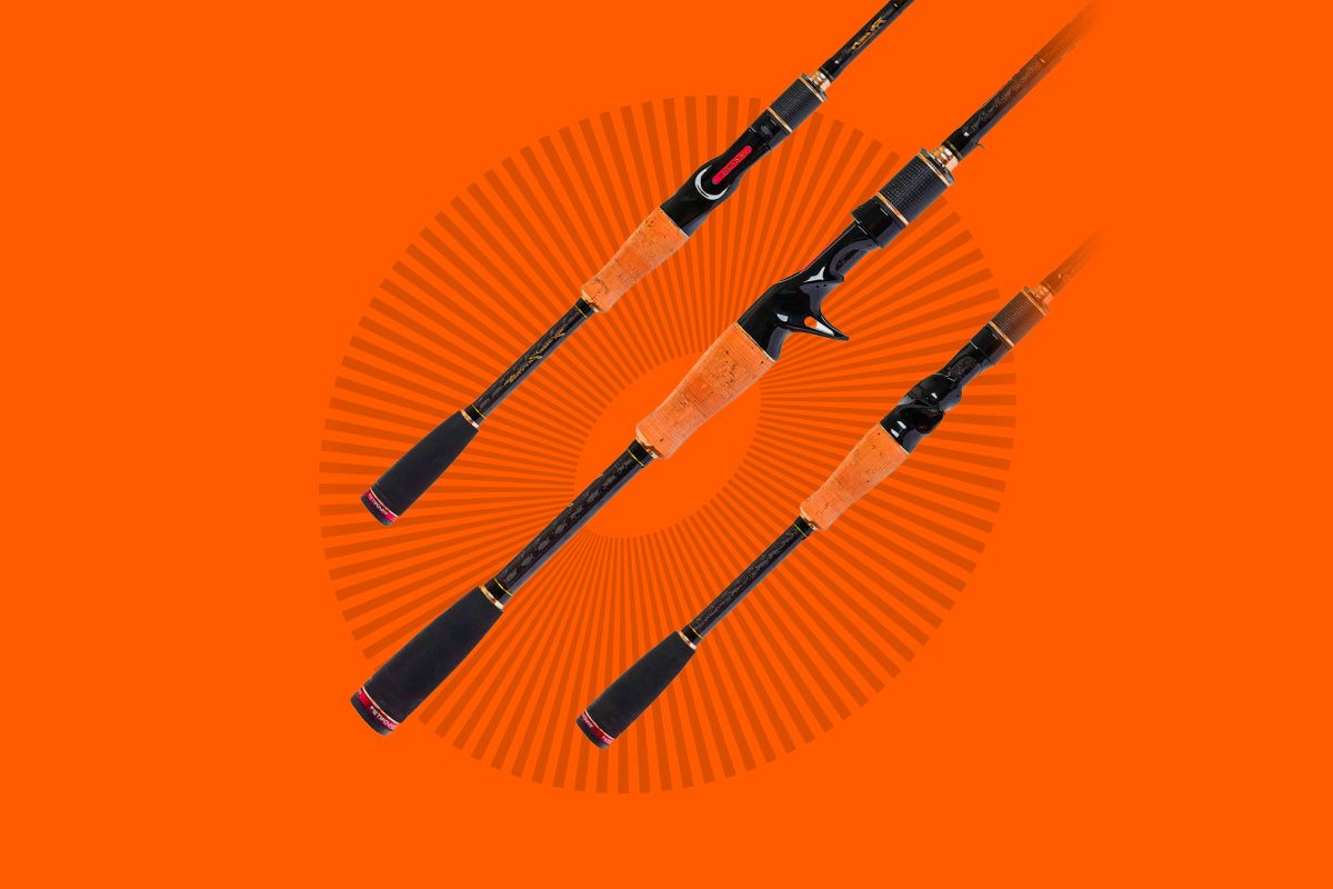 Three casting rods on an orange Obalus background