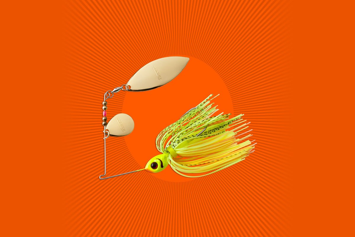 Chartreuse spinnerbait with gold blades on an orange Obalus background
