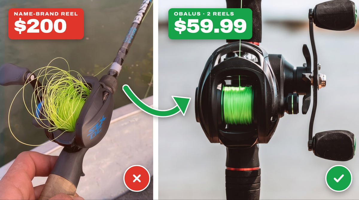 A $200 reel with a tangled bird’s nest next to a clean Obalus reel for $59.99