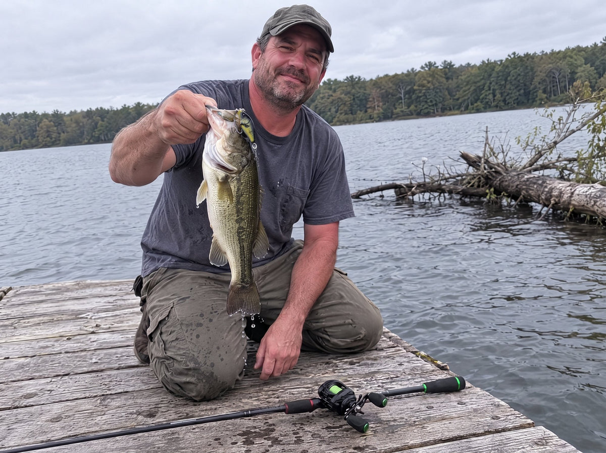 An angler on a dock holding a largemouth bass he just caught