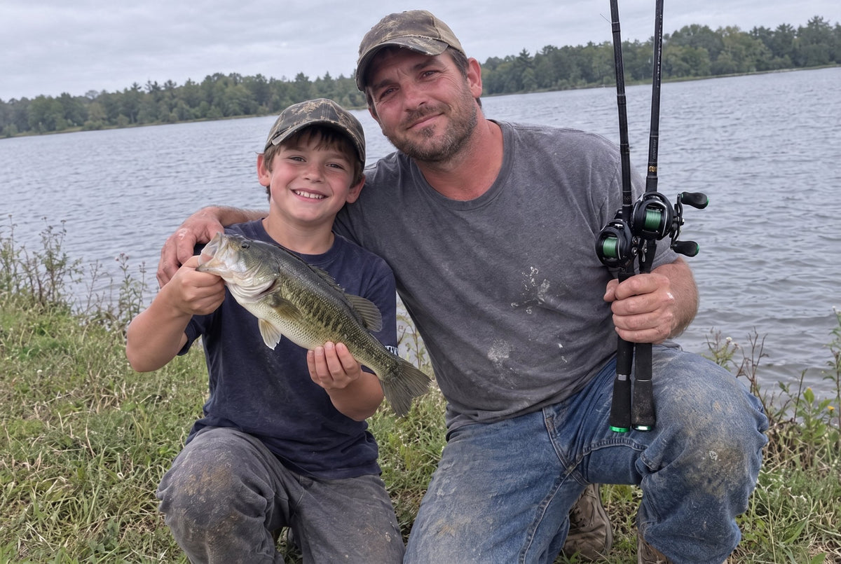 A dad and his son with a largemouth bass on the lake bank