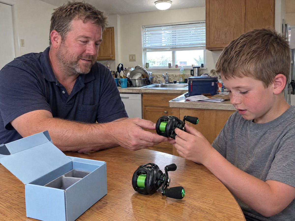 A dad handing his son the second reel at the kitchen table
