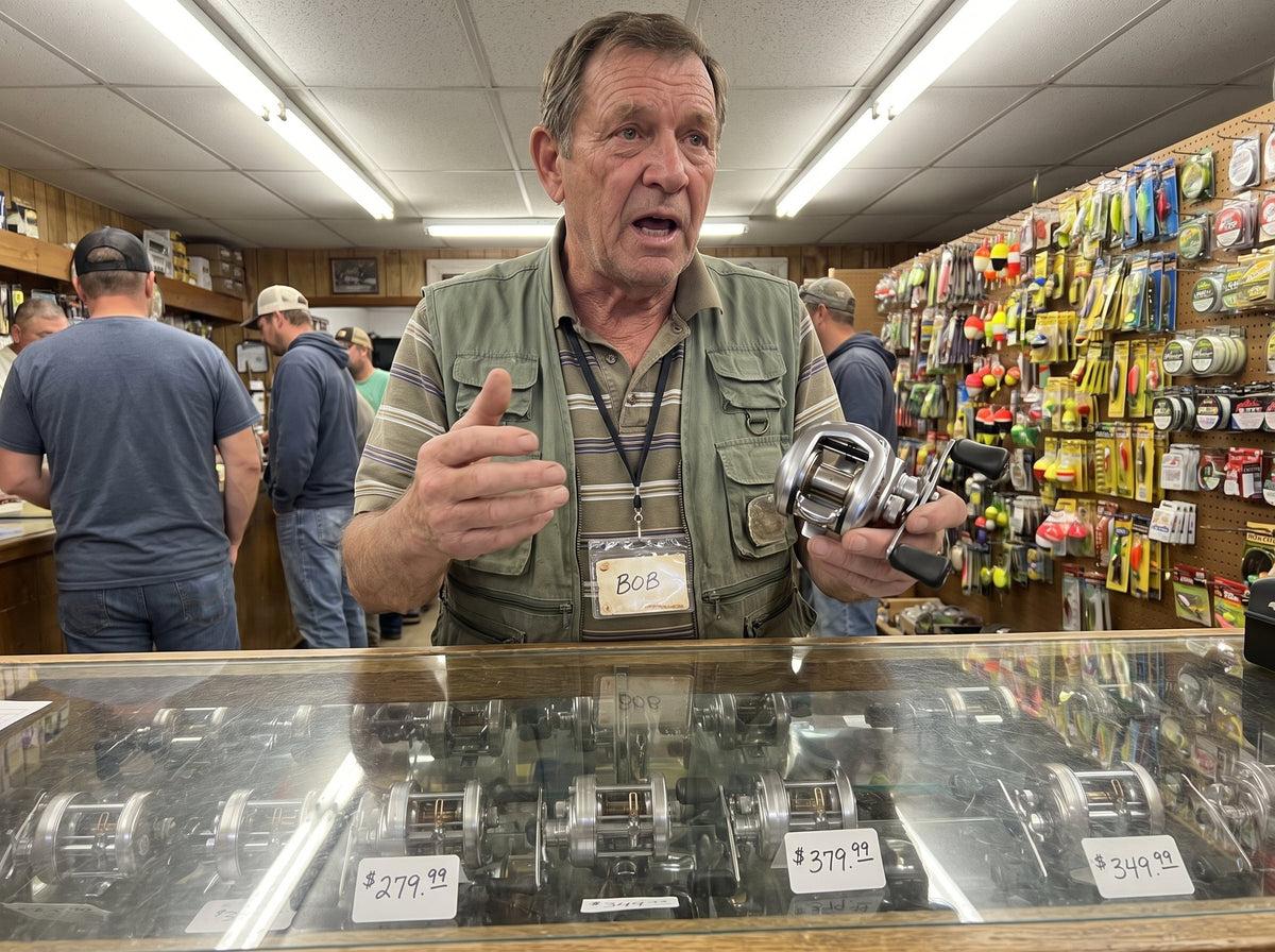 A tackle shop salesman holding up an expensive reel behind the counter