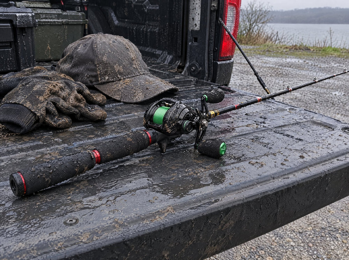 A muddy Obalus reel on a casting rod on a pickup tailgate after a rainy trip