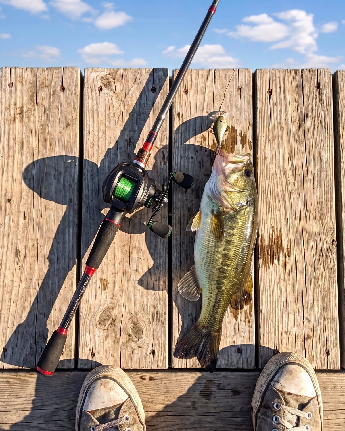 Casting rod with an Obalus baitcast reel lying on dock planks next to a freshly caught largemouth bass