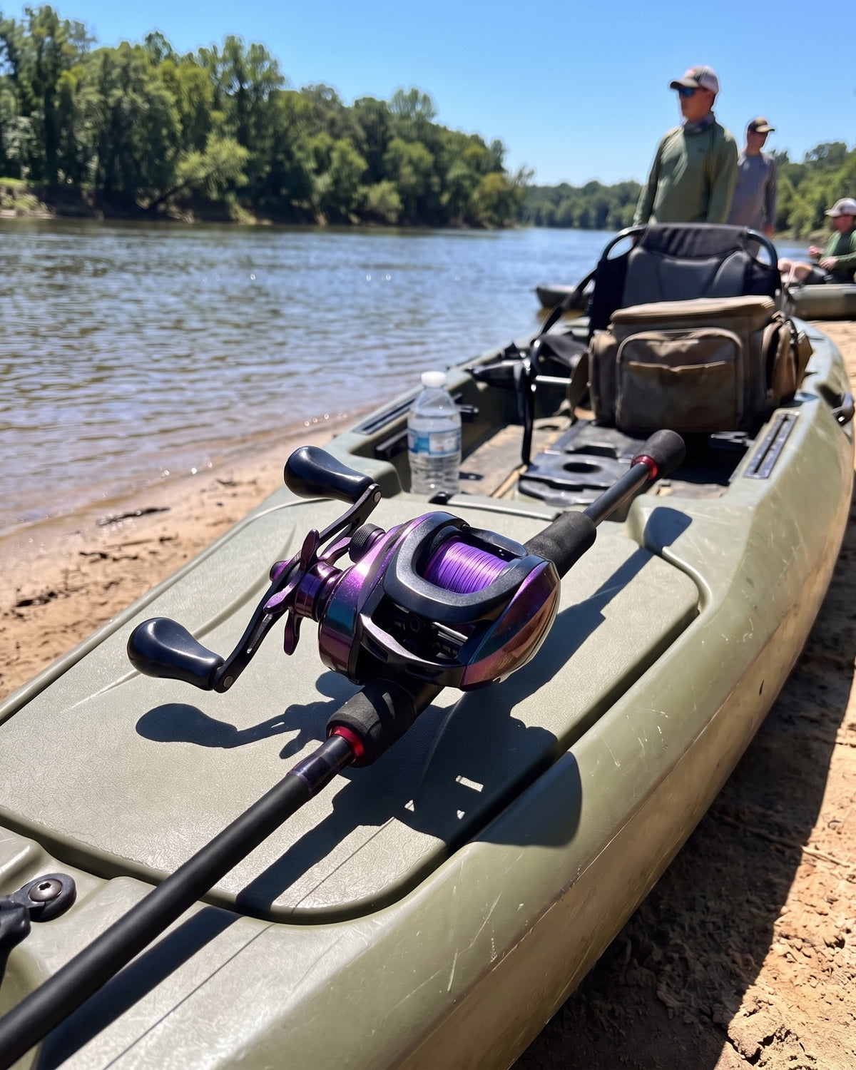 Obalus Cast Master Pro reel on a casting rod resting on the front deck of a bass boat in the morning
