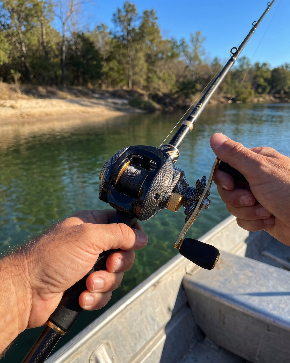 Obalus Cobra Strike reel on a casting rod as an angler works a crankbait along a weed line from a boat