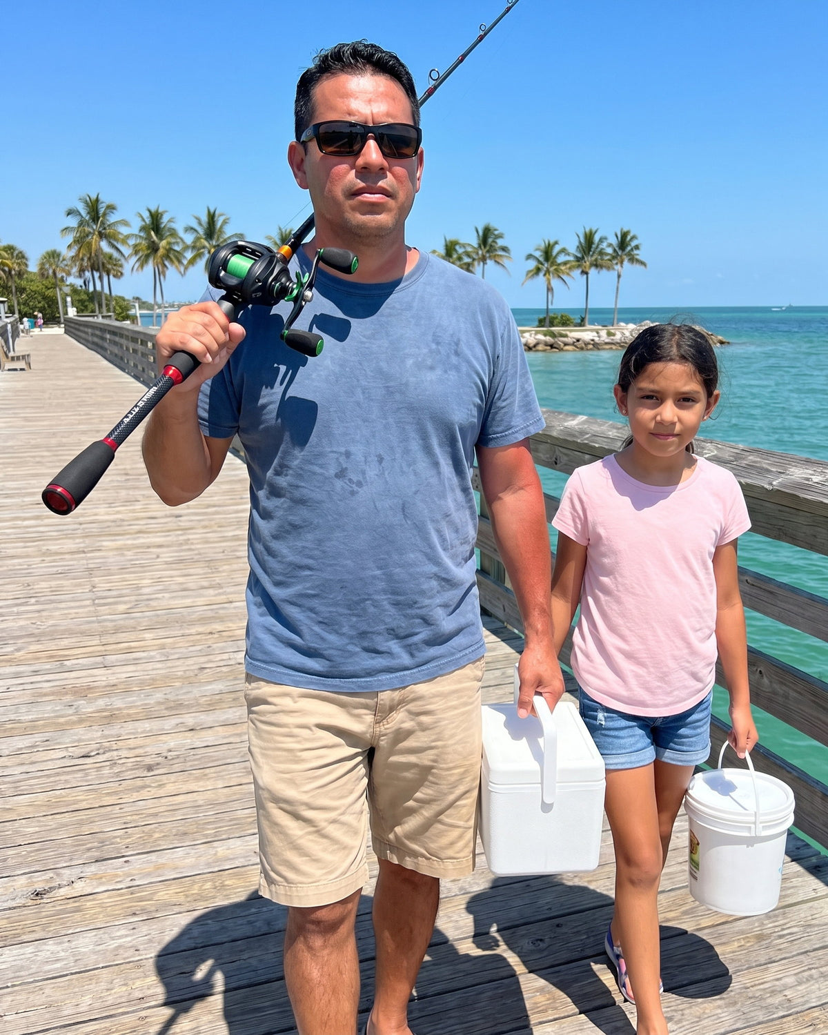 Angler walking down a wooden dock in the morning carrying a casting rod and reel combo