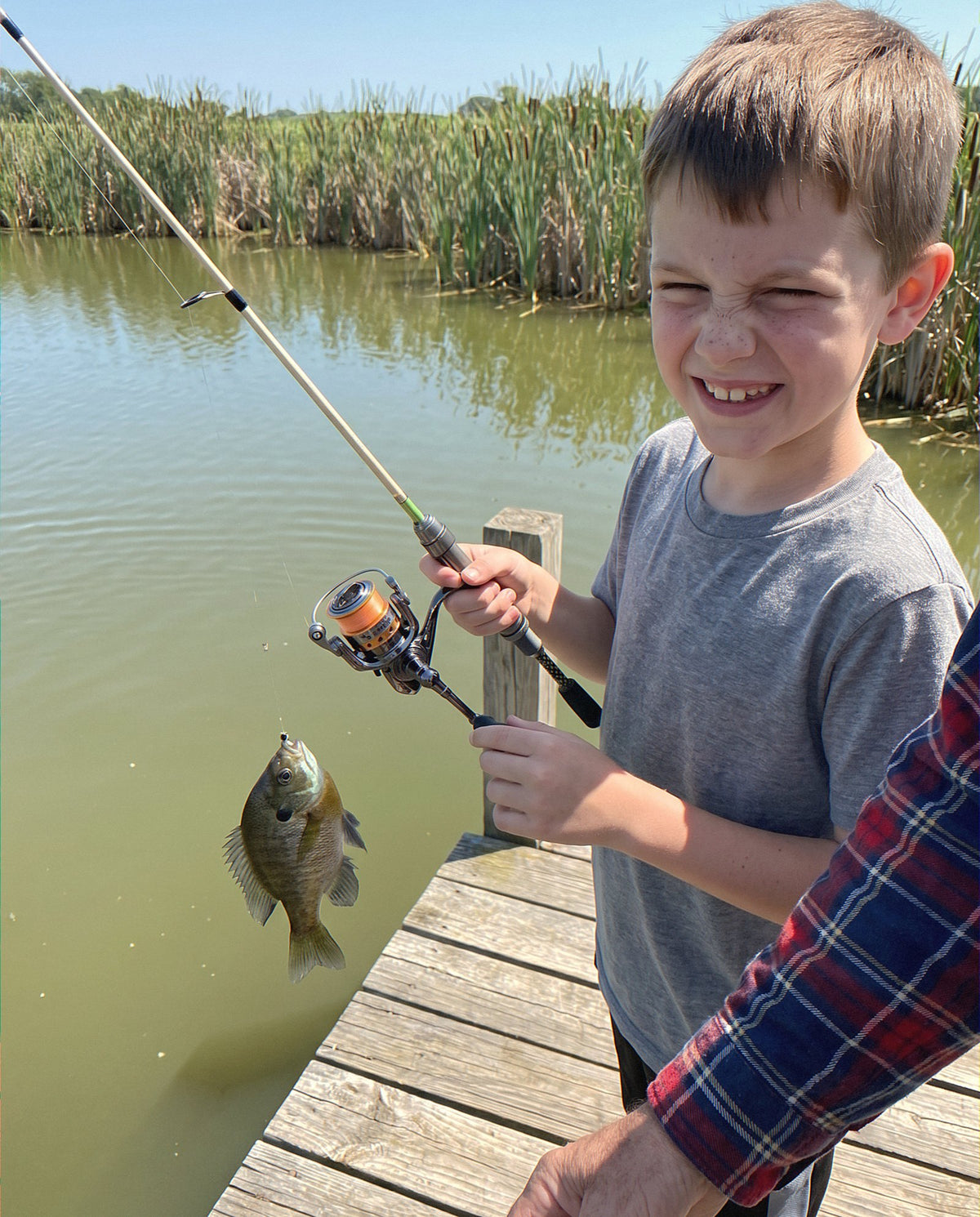 A boy on a pond dock lifting a bluegill with the Obalus Precision Master Mini reel
