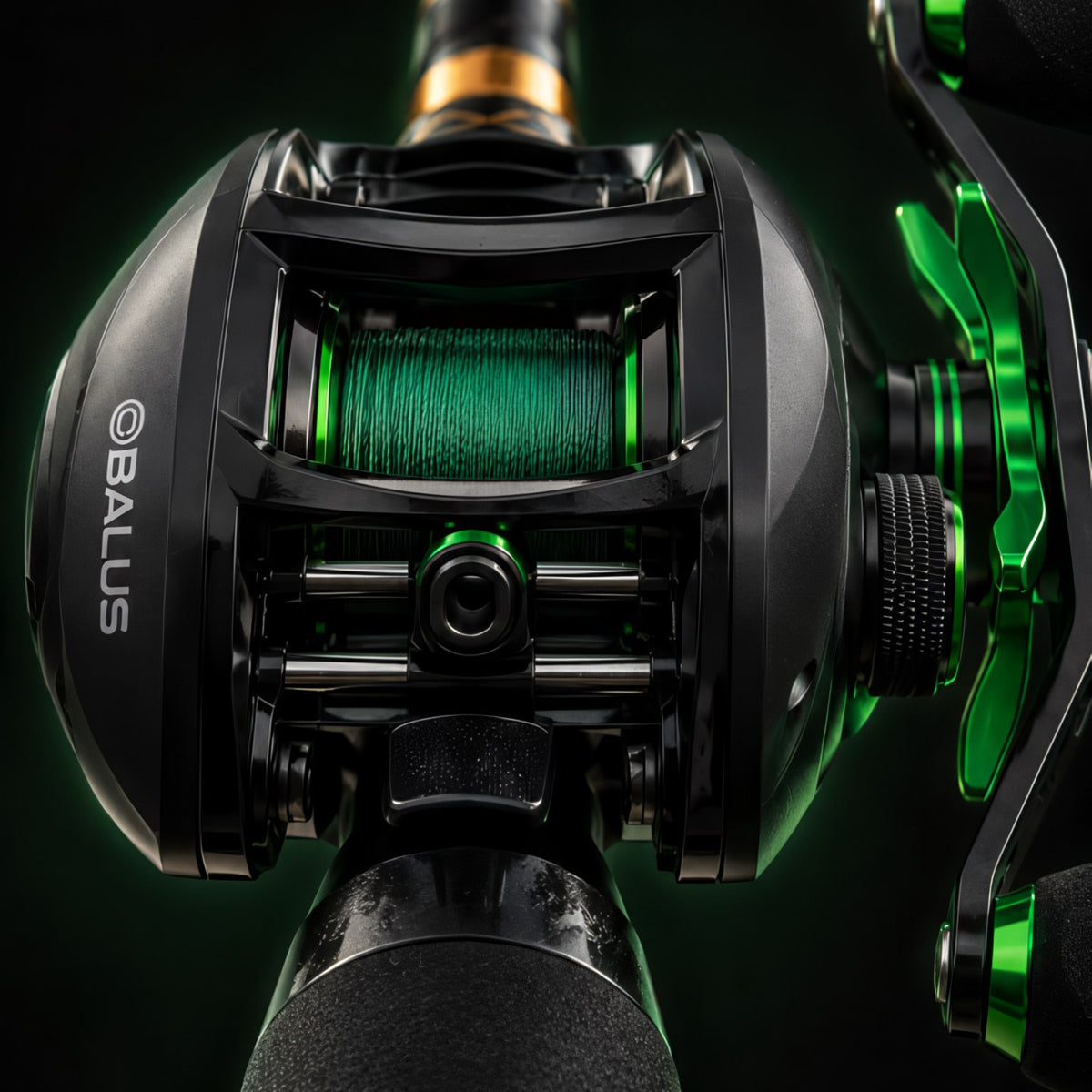 The Obalus baitcast reel up close: black body, green star drag and green handle caps