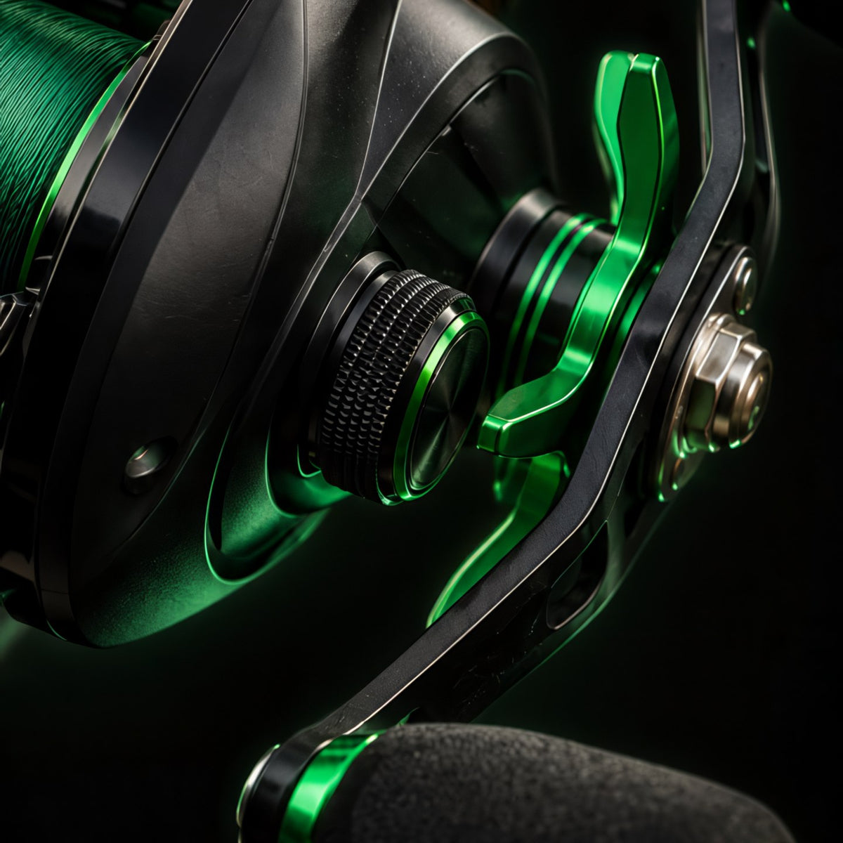 The Obalus baitcast reel up close: black body, green star drag and green handle caps