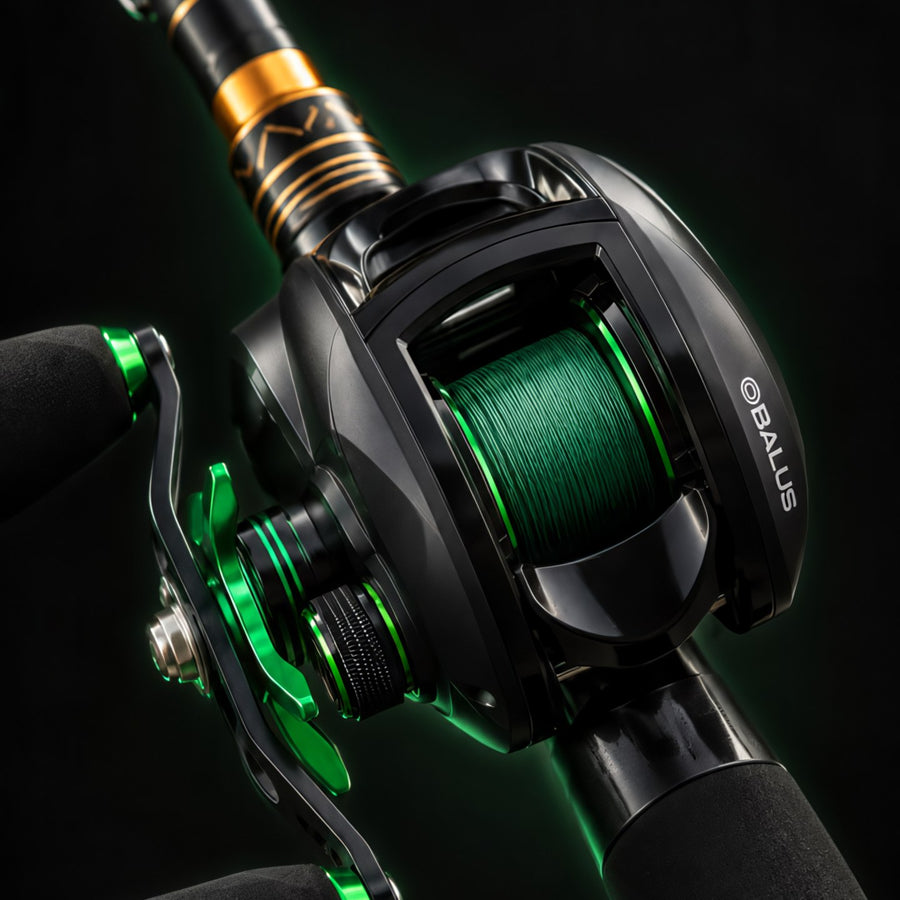 The Obalus baitcast reel on a rod: black body, green star drag and green handle caps