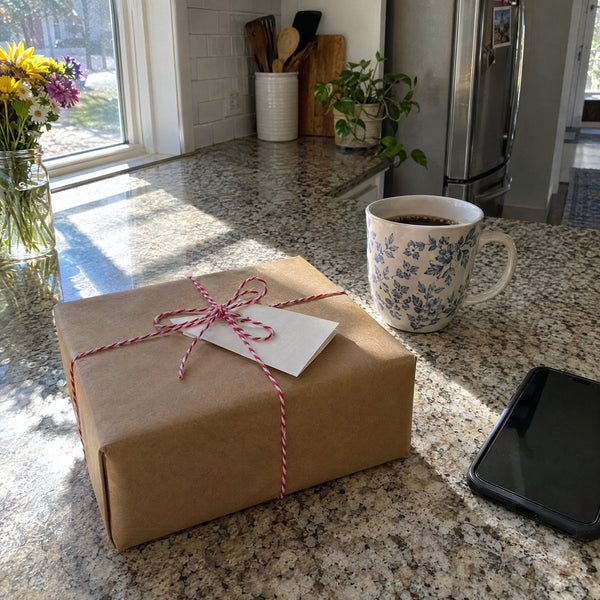 Gift box wrapped in brown paper and red-and-white twine on a sunny kitchen counter