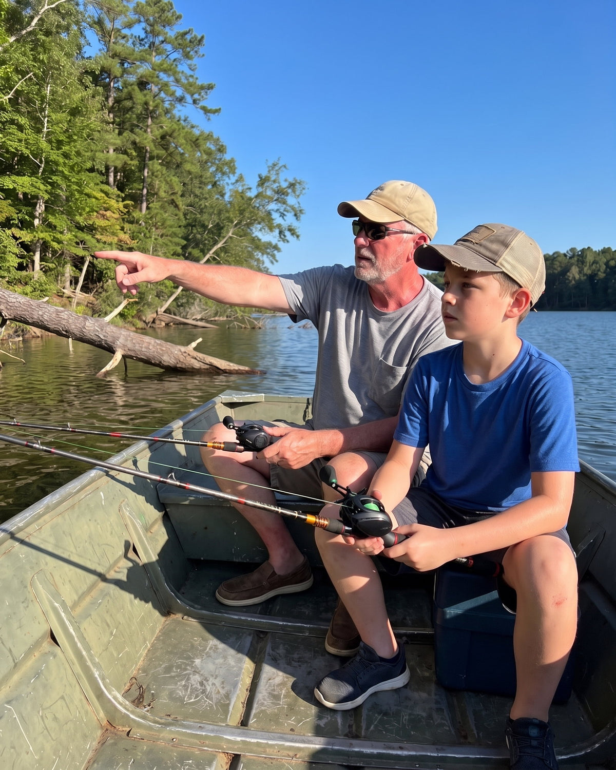 Grandfather and grandson with baitcasters in a green jon boat on a sunny lake, the grandfather pointing at a fallen tree