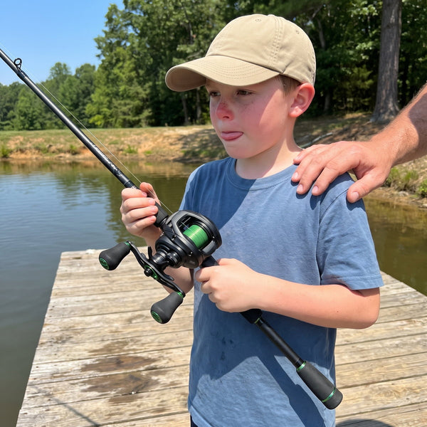 Boy holding a casting rod with an Obalus baitcast reel on a wooden dock, an adult's hand on his shoulder