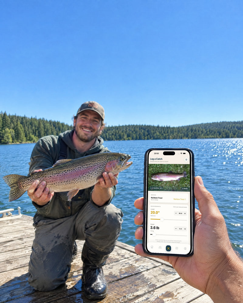 A hand holding an iPhone with the PB Fishing catch log open; behind it a smiling angler on a dock holds up the rainbow trout he just caught