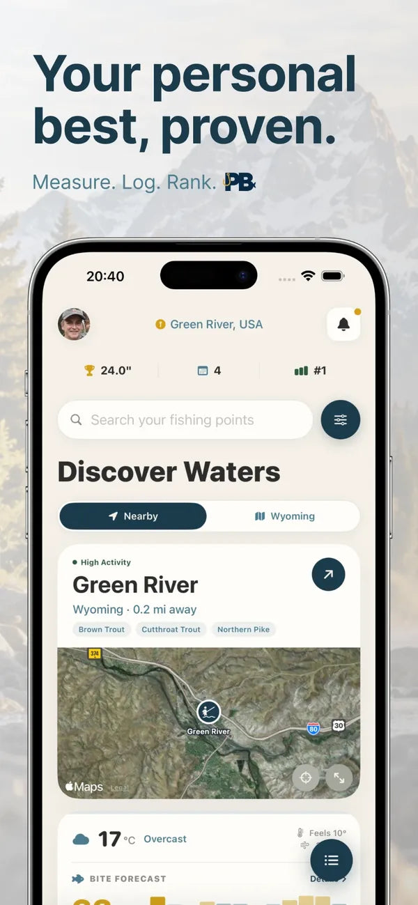 PB Fishing home screen with a personal best of 24 inches, nearby waters and the weather