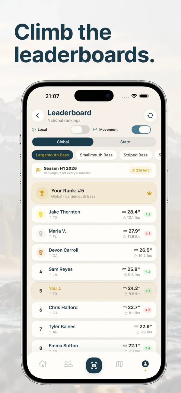PB Fishing national leaderboard for largemouth bass with length and weight of each catch