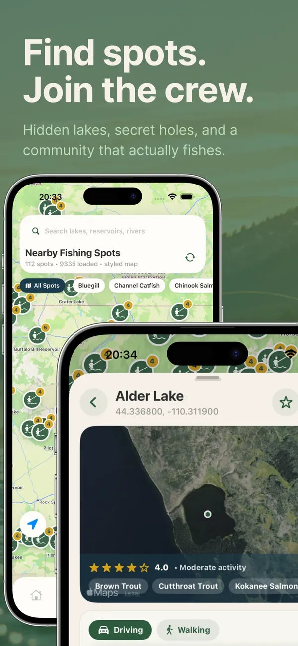 PB Fishing map of nearby fishing spots and a lake page with the fish species and directions