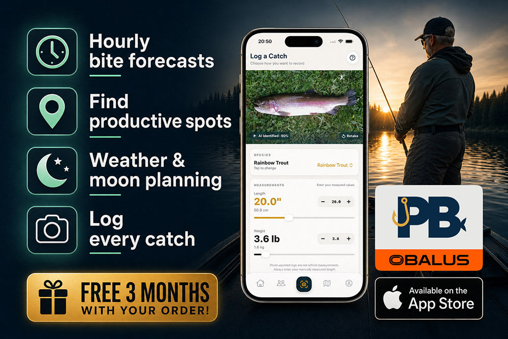 Obalus × PB Fishing: hourly bite forecasts, productive spots, weather and moon planning, catch logging